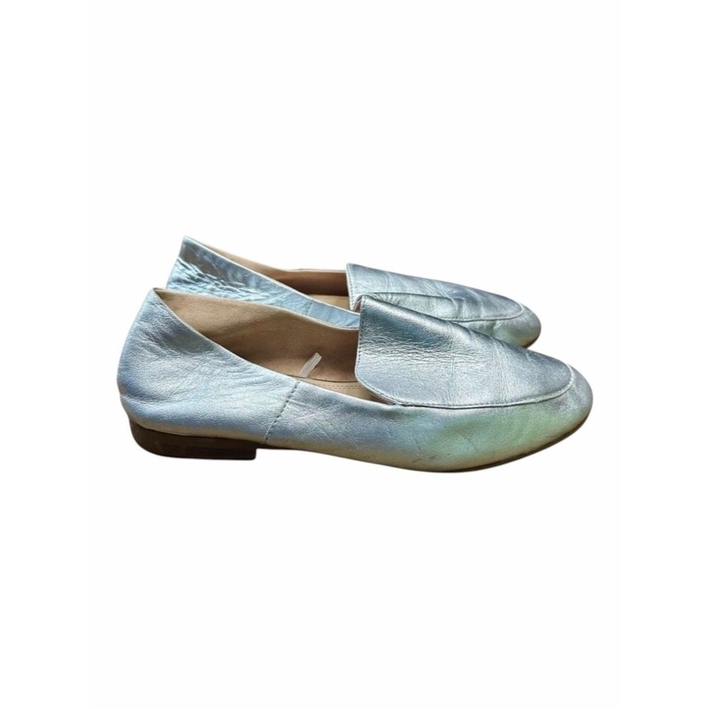 Pull&Bear Women’s EU 37 US 6.5 Silver Metallic Leather Loafers Flats Minimalist